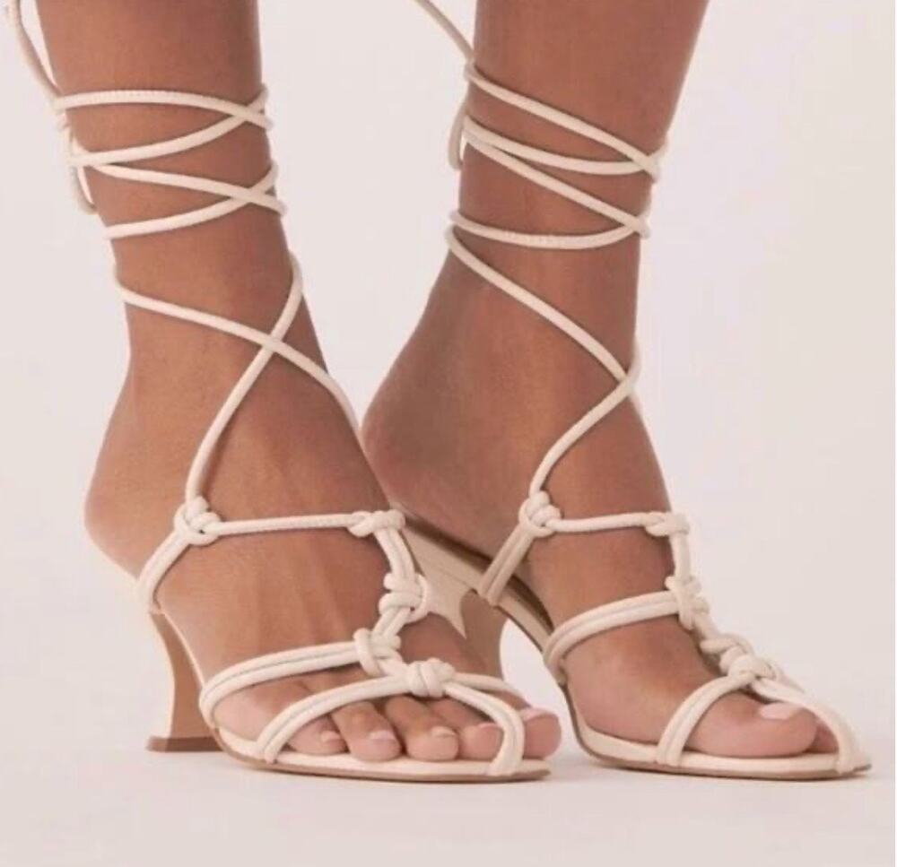 Anthropologie Caged Strappy Sandals Heels Cream Tie Up Women's 6 New
